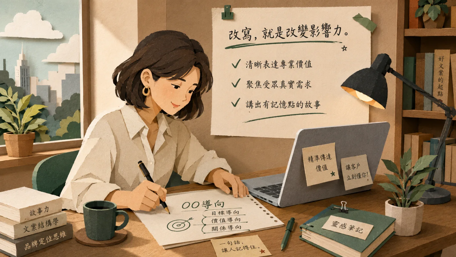 紙藝風插畫：一個人在書桌前重寫自我介紹，桌面攤著劃掉重來的稿紙，牆上的看板寫著「改寫，就是改變影響力。」